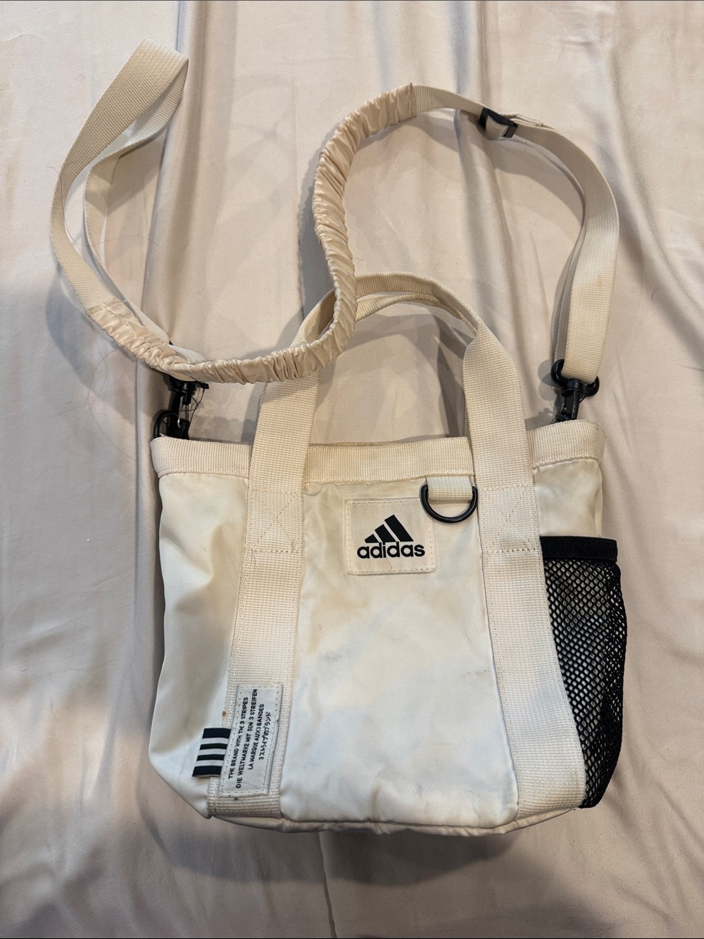 adidas Cream Canvas Mini Tote with Black Mesh Pocket